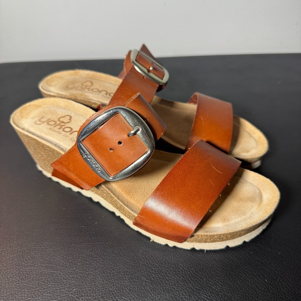 Yokono Caramel Cork Wedge Slide Leather Straps Sandals Women 8 Made In Spain